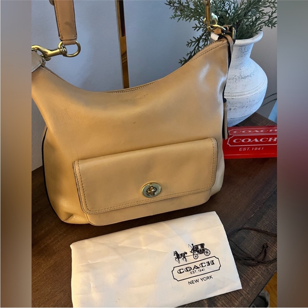 Coach Legacy Beige Leather Shoulder Bag with Brass Hardware
